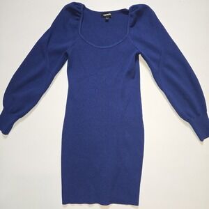 Express Women's Sweater Dress S Blue Puff Sleeve Royal Blue Contour Ribbed 2345